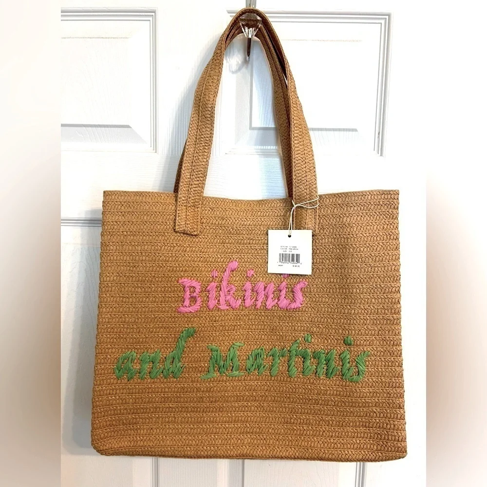 NWT Sol And Mer, Bikinis and Martinis Braided Straw Tote, Tan